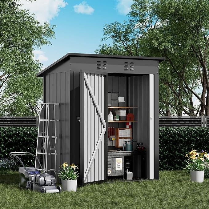 COMHOMA Shed Outdoor Storage Shed Metal,Lockable Doors Tool Sheds with Sloping Roof,Steel Garden Shed with Air Vent for Backyard,Patio,Lawn,Poolside(Grey,5'*3') | Sloping Roof and Air Vent Perfect for Backyard Patio Lawn and Poolside