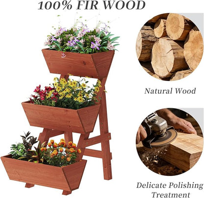 Kitsanery 3-Tiers Wooden Raised Garden Bed,Wood Planter Box for Vegetable,Flower Rack,Flower Pot Stands,Indoor Outdoor Gardening Planting Beds (Brick red, Small)