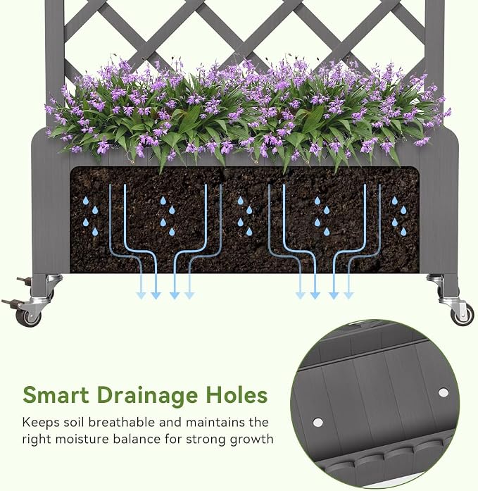 COMHOMA Planter Box with Trellis and Wheels, 48In Elevated Raised Garden Bed, Drainage Holes, Outdoor Lattice for Climbing Flowers, Vegetables, Patio Balcony, Gray