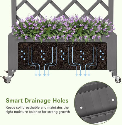 COMHOMA Planter Box with Trellis and Wheels, 48In Elevated Raised Garden Bed, Drainage Holes, Outdoor Lattice for Climbing Flowers, Vegetables, Patio Balcony, Gray
