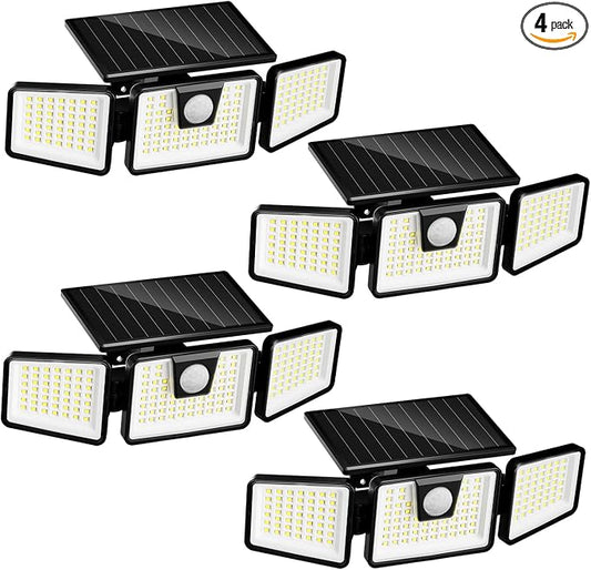 INCX Solar Motion Sensor Lights Outdoor, 3 Heads Security Lights Solar Powered, 156 LED Flood Light Motion Detected Spotlight for Patio Yard Garage Entryways, IP65 Waterproof 4 Pack