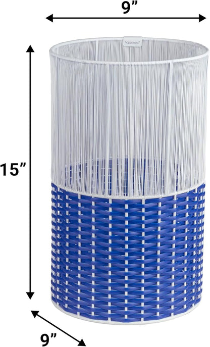 happimess HPM1101A Harper Modern 4.13-Gallon 2-Tone Faux Wicker Cylinder Waste Basket, White/Blue for Home, Bathroom, Living Room, Office, Bedroom, Kitchen