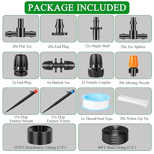 235FT Drip Irrigation System Kit, Automatic Drip Irrigation Kit with 1/2 inch Hose 1/4 inch Distribution Tubing and Accessories