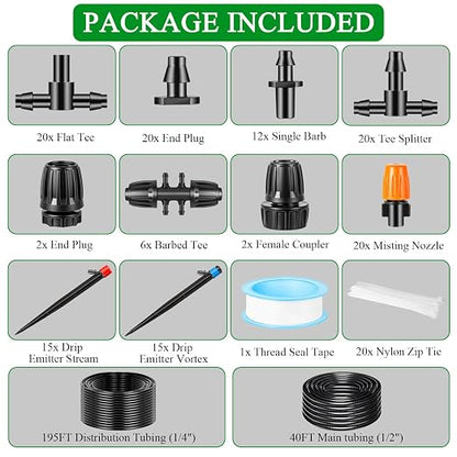 235FT Drip Irrigation System Kit, Automatic Drip Irrigation Kit with 1/2 inch Hose 1/4 inch Distribution Tubing and Accessories