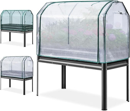 KING BIRD Large Raised Garden Bed with Cover & Netting Galvanized Elevated Planter Box with Legs 48×24×56 in for Backyard, Patio, Balcony, 400lb Capacity, Dark Grey