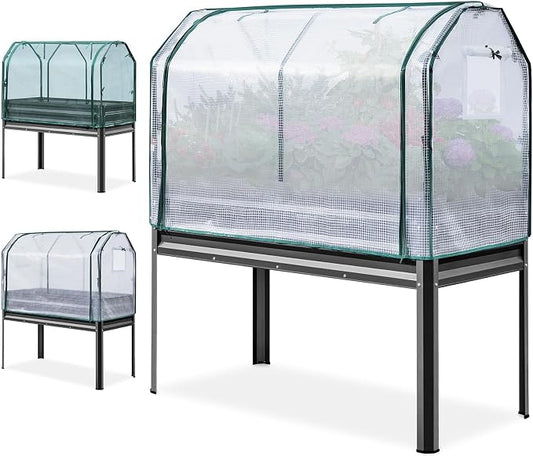 KING BIRD Large Raised Garden Bed with Cover & Netting Galvanized Elevated Planter Box with Legs 48×24×56 in for Backyard, Patio, Balcony, 400lb Capacity, Dark Grey