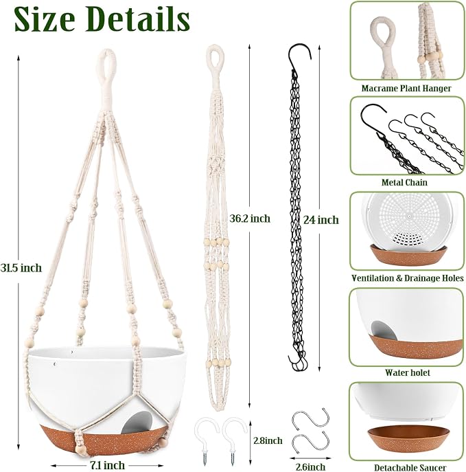 10 Inch Self Watering Hanging Planters with Metal Chain & Macrame Hangers | Reservoir, Drainage Holes, Hanging Planter Basket for Indoor & Outdoor Plants, White
