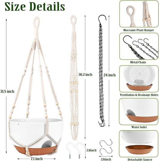 10 Inch Self Watering Hanging Planters with Metal Chain & Macrame Hangers | Reservoir, Drainage Holes, Hanging Planter Basket for Indoor & Outdoor Plants, White