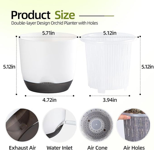 5.7Inch White Orchid Pots with Holes for Repotting, Double-Layer Plastic Self Watering Flower Pots for Indoor Plants with Drainage Holes, Clear Orchid Pot Match Decorative Orchid Container, 3 Packs
