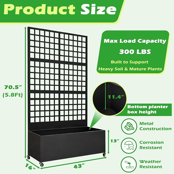 Metal Raised Garden Bed with Grid Trellis and Wheels, 43” L x 16” W x 71” H Privacy Screen for Climbing Plants, Metal Planter Box with Drainage Holes, Black