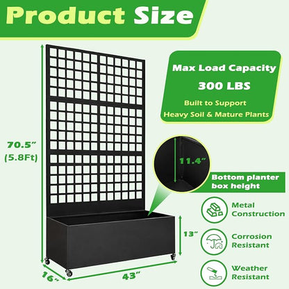 Metal Raised Garden Bed with Grid Trellis and Wheels, 43” L x 16” W x 71” H Privacy Screen for Climbing Plants, Metal Planter Box with Drainage Holes, Black