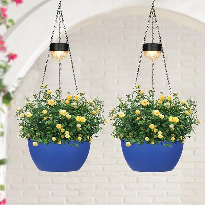 SUNNYPARK 2 Pack Solar Hanging Planters for Plants Outdoor | Self Watering, Blue Flower Pots with Solar Light, Hanging Garden Planters with Drainer for Balcony Patio Outdoor Decor