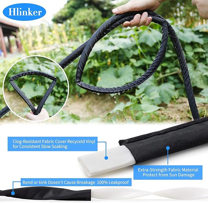 Hlinker Flat Soaker Hose 50 200 FT for Garden Beds, 200FT 1/2" Linkable Consistent Drip Irrigation Hose Save 80% Water, Leakproof Heavy Duty Double Layer Sprinkler Hose