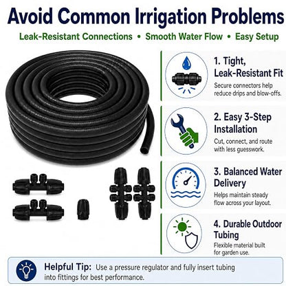100 FT 1/2 Inch Drip Irrigation Tubing Kit:Premium Garden and Landscape Watering System-Drip Irrigation Hose with 2 Quick Connector 4-Way Connector,2 Quick Connector 6-Way Connector and Tube Cap