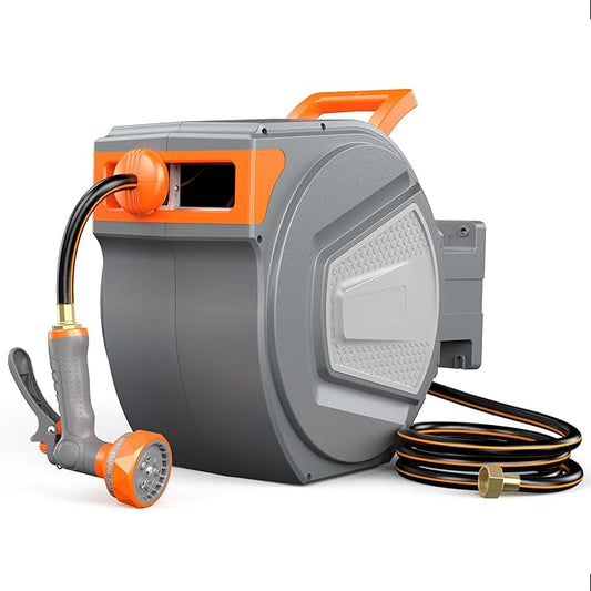 OLIXIS Automatic Retractable Garden Hose Reel, Heavy Duty Wall Mounted Water Reel with 1/2 in x 150 ft Hose, 9 Pattern Nozzle, Slow Rewind Any Length Lock, 180° Swivel for Garage Outside