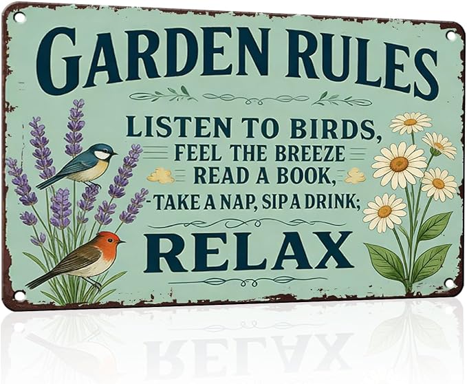 PEACHGARDEN Garden Rules Sign, Funny Relaxing Yard Decor, Vintage Metal Signs for Garden Walls, Outdoor Gifts for Women 8x12 Inch