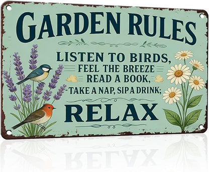 PEACHGARDEN Garden Rules Sign, Funny Relaxing Yard Decor, Vintage Metal Signs for Garden Walls, Outdoor Gifts for Women 8x12 Inch