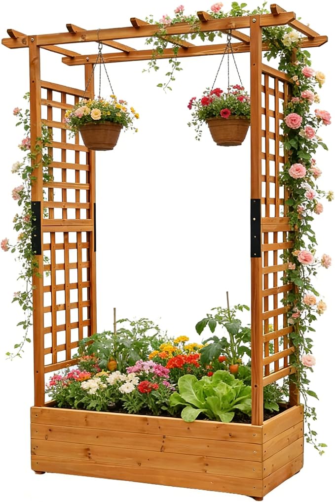 Raised Garden Bed Wooden Patio Planter with Trellis Outdoor Climbing Cucumber Box Pots Tomato Flower Vegetable Herb Porch, Tall Hanging Roof, Orange, 42.51" L x 17.32" W x 67" H