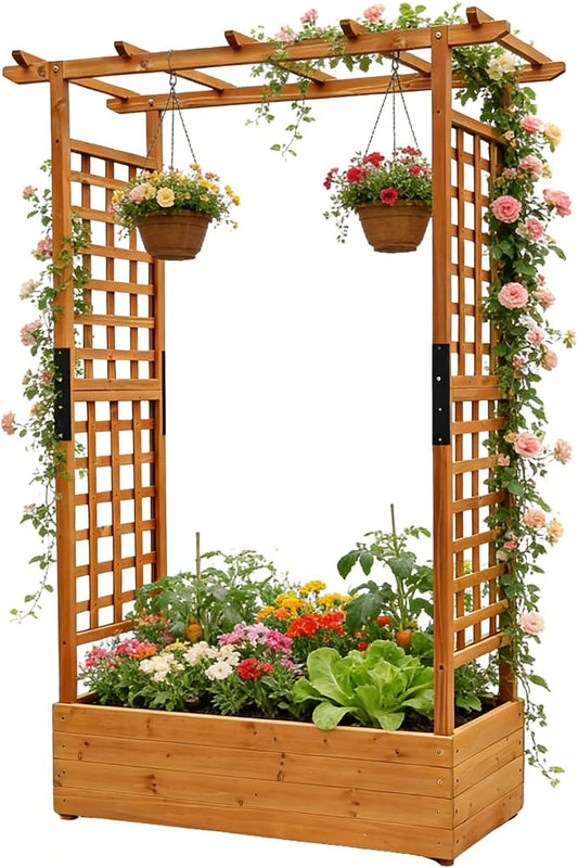 Raised Garden Bed Wooden Patio Planter with Trellis Outdoor Climbing Cucumber Box Pots Tomato Flower Vegetable Herb Porch, Tall Hanging Roof, Orange, 42.51" L x 17.32" W x 67" H