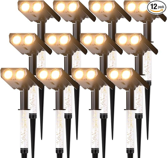 Solar Lights Outdoor Waterproof IP65，Outside Solar Landscape Spotlight with Ambient Light Column and Adjustable Aperture for Garden Yard Pathway Lawn，2 IN 1 Can Used as Wall Lamp，Warm White- 12 Pack