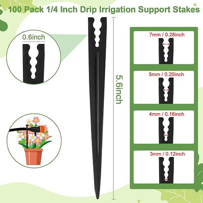 100 Pieces Drip Irrigation Support Stakes for 1/4 Inch Drip Tubing, 5.7 Inch 1/4" Dripline Hold Stakes for Irrigation System Hose & Emitter Support for Garden Hydroponics Growing