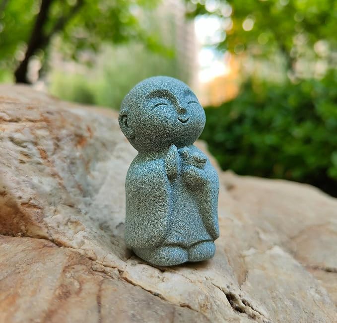 livelyfish 3pcs Japanese Monk Statue Praying Zen Sandstone Buddha Statues Asian Garden Sculptures for Good Luck Feng Shui Home Decor, A