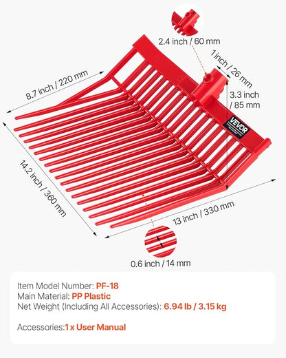 VEVOR 6PCS Manure Fork Replacement Head, 18 Angled Tines Horse Manure Fork Head, Durable Plastic Pitchfork Heads, Horse Mulch Rake for Picking up Stable Stall Muck Grass Hay Cleaning Farm Work