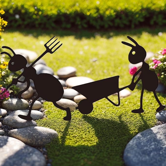 Set of 2 Ant Garden Stakes - Black Iron Metal Yard Art for Outdoor Decor - Laboring Ant with Cart & Ant with Fork - Garden Statues for Patio, Flower Beds & Farmhouse