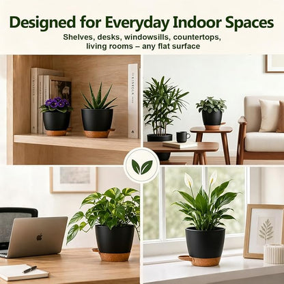 Plant Pots for Indoor 9/8/7/6.5/6/5 Inch, Self Watering Planter Pots with Drainage Holes and Saucers, 6Pcs Plastic Flower Pots for Indoor & Outdoor Plants（Black）