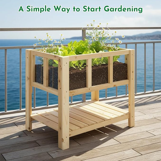 ketive Raised Garden Bed with Transparent Acrylic Side Panels, Elevated Wooden Planter Box with Shelf for Vegetables, Herbs & Flowers,Outdoor Raised Garden Planter for Patio, Balcony & Backyard