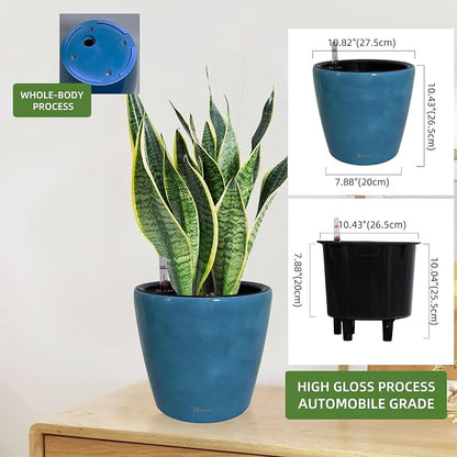 Dexceder 11x10 Self Watering Planter (Peacock Blue Gradient) | Inner Pot Design, Thickened Table Flower Plant Pot with Water Level Indicator Indoor Outdoor