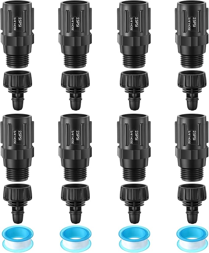 8 Set Drip Irrigation Faucet Adapter Kit, 25 PSI Garden Hose Pressure Regulator, 1/4'' Drip Irrigation Tubing to 3/4'' Faucet, Plumbing Tape