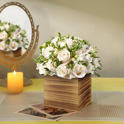 Suzile 12 Set 4 Inch Wooden Planter Box Flower Square vases for Centerpiece Rustic Cube Planter Box with Removable Foam Blocks Liner Square Vase Craft for Garden Home(Burn Wood Color)