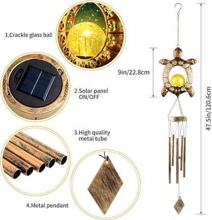 Sea Turtle Solar Lights Outdoor Decor Crackle Glass Ball Solar Turtle Wind Chimes for Outside Unique Gifts for Women Birthday Gardening Gift Housewarming Ornament for Patio Yard Garden Decor
