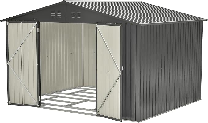PVWIIK 10x8 FT Large Outdoor Metal Storage Shed, Heavy Duty Waterproof Steel Garden Tool Shed with Lockable Doors, Utility Storage Building for Backyard Patio Lawn Garden, Black