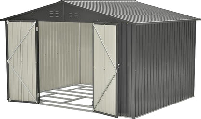 PVWIIK 10x8 FT Large Outdoor Metal Storage Shed, Heavy Duty Waterproof Steel Garden Tool Shed with Lockable Doors, Utility Storage Building for Backyard Patio Lawn Garden, Black