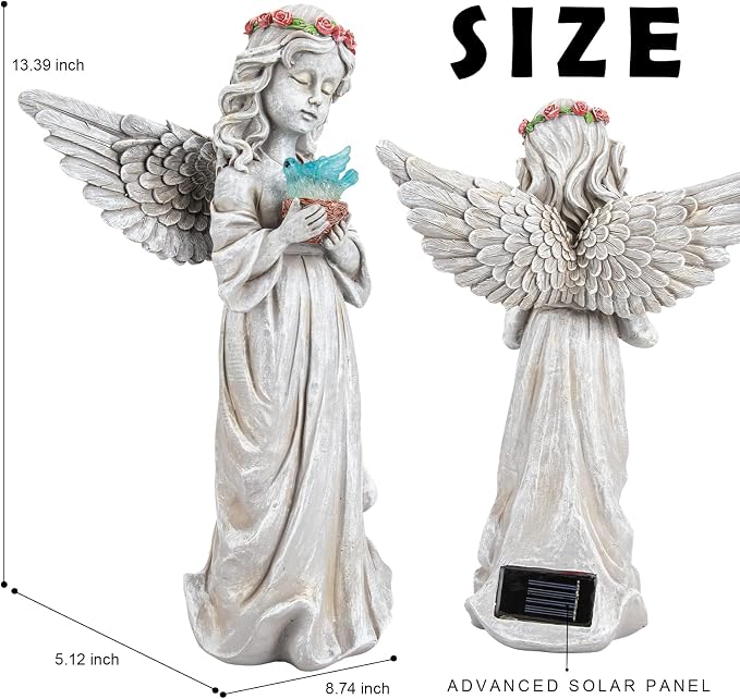 Angel Garden Statue Outdoor Decor, Angel Garden Figurine Hold Bird's Nest with Solar Lights Waterproof Resin Yard Art Decoration Lawn Ornament Sculpture for Outside Patio Yard Gift