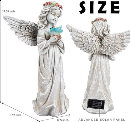 Angel Garden Statue Outdoor Decor, Angel Garden Figurine Hold Bird's Nest with Solar Lights Waterproof Resin Yard Art Decoration Lawn Ornament Sculpture for Outside Patio Yard Gift