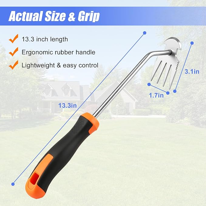Weed Remover Tool for Garden, Portable Stainless Steel Hand Weeder Tool, 13.3" Manual Weed Puller with Rubber Grip for Lawn, Flower Beds & Vegetable Gardening (Rubber Handle)