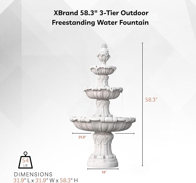 XBrand 58.3" 3-Tier Outdoor Freestanding Water Fountain - Classic Leaf Design, White Resin, Large Bird Bath with Pump - Ideal for Yard, Lawn and Garden, Porch Décor