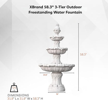 XBrand 58.3" 3-Tier Outdoor Freestanding Water Fountain - Classic Leaf Design, White Resin, Large Bird Bath with Pump - Ideal for Yard, Lawn and Garden, Porch Décor
