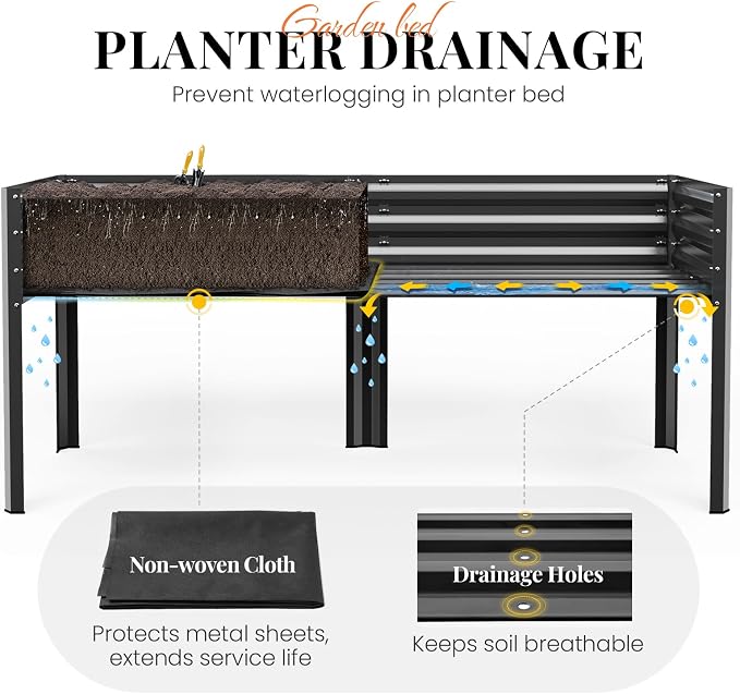 KING BIRD Large Raised Garden Bed with Legs & Storage Shelf Galvanized Elevated Planter Box for Backyard, Patio, Balcony, 600lb Capacity, Dark Grey 70.9x22.8x31.5 in