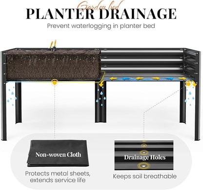 KING BIRD Large Raised Garden Bed with Legs & Storage Shelf Galvanized Elevated Planter Box for Backyard, Patio, Balcony, 600lb Capacity, Dark Grey 70.9x22.8x31.5 in