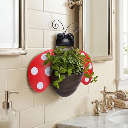 Ladybug Metal Wall Planter, Wall Mount Hanging Succulent Pot with Drainage | Cute farmhouse ladybug wall mount pot with drainage hole, garden decor for yard, indoor & outdoor succulent wall container.