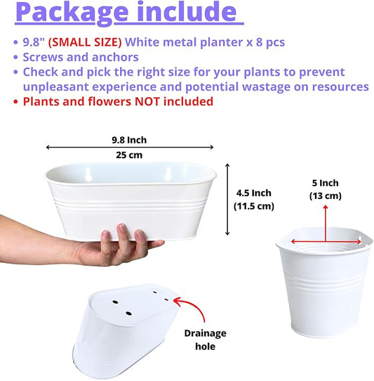 LaLaGreen Wall Planter (9.8 Inch, 8 Pack) White Oval Metal Wall Planters for Indoor Plants Hanging Decor Plant Holder Home Pots Mounted Garden Flower Balcony Decoration Porch Drainage Pot Baskets