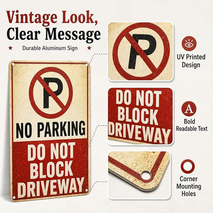No Parking Tin Sign, 12 x 8 Inch Do Not Block Driveway Aluminum Metal Wall Decor, Vintage Parking Notice for Garage, Gate, Fence, Carport