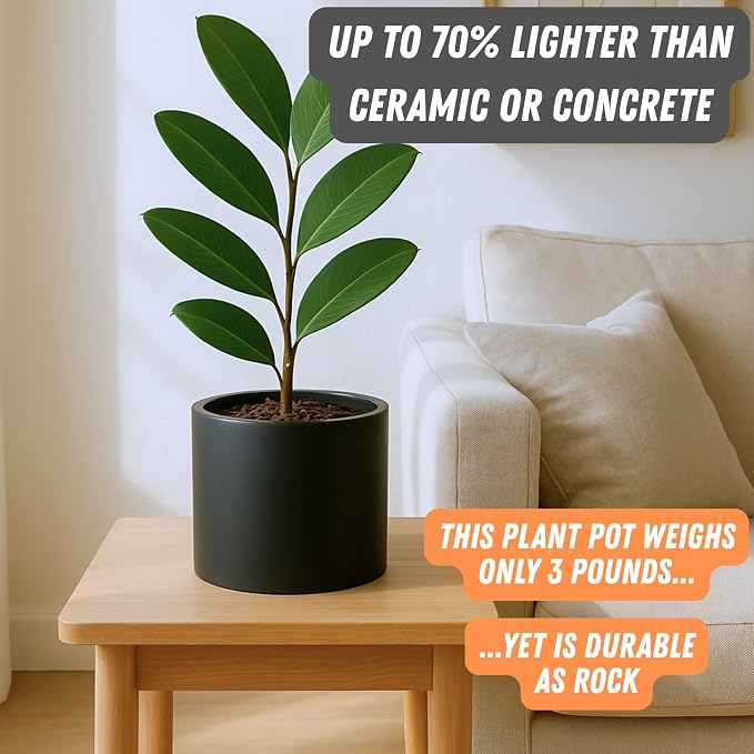 Fox & Fern Large Indoor Planter, Modern Large Plant Pot for Indoor or Outdoor, UV and Frost Resistant - 8 Inch, Matte Black Flower Pot with Drainage Plug, Lightweight