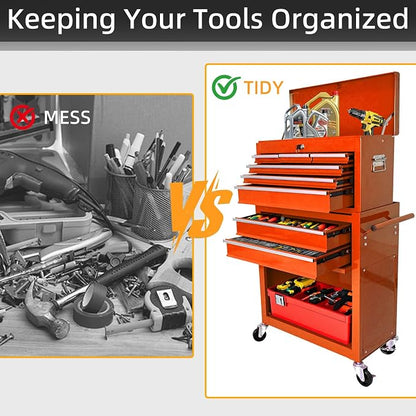 8-Drawer Tool Chest, Detachable Top Box for Garage,Orange | Rolling Mobile Storage Cabinet Organizer with Lockable Wheels for Workshop Utility, Heavy Duty Metal Construction