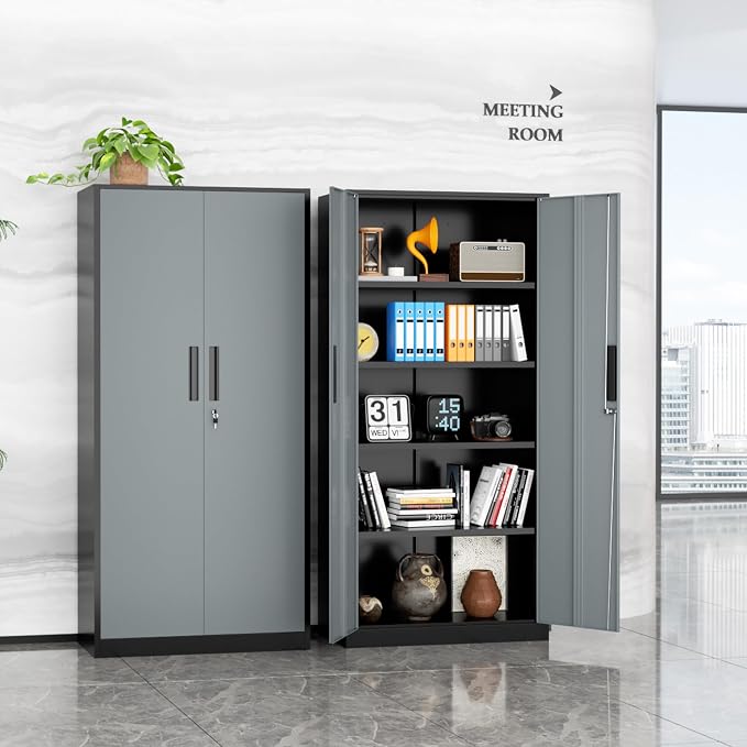 INTERGREAT Metal Storage Cabinet, 72" Locking Steel Cabinets with 2 Door and 4 Adjustable Shelves, Tall Metal Cabinet for Home Office, Garage, Warehouse,(Black+Grey)