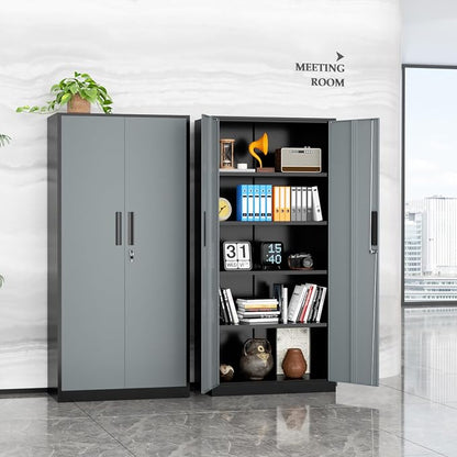 INTERGREAT Metal Storage Cabinet, 72" Locking Steel Cabinets with 2 Door and 4 Adjustable Shelves, Tall Metal Cabinet for Home Office, Garage, Warehouse,(Black+Grey)